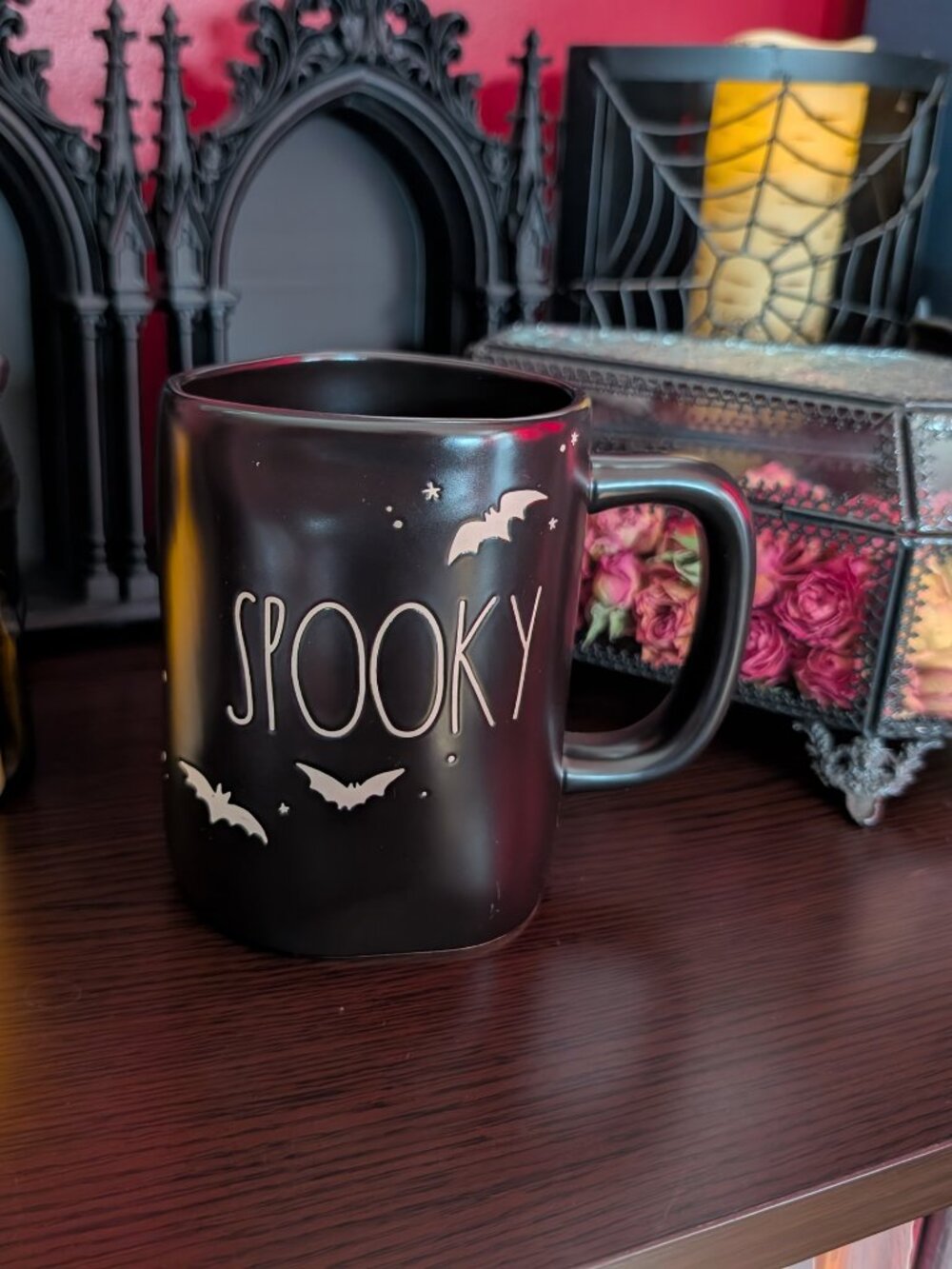 Rae Dunn SPOOKY Mug Halloween Black w/ Bats New